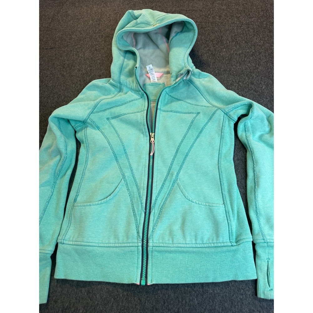ivivva Girls Lululemon Practice Jacket Teal Full Zip Hoodie Thumbholes Size 14 - Picture 3 of 16